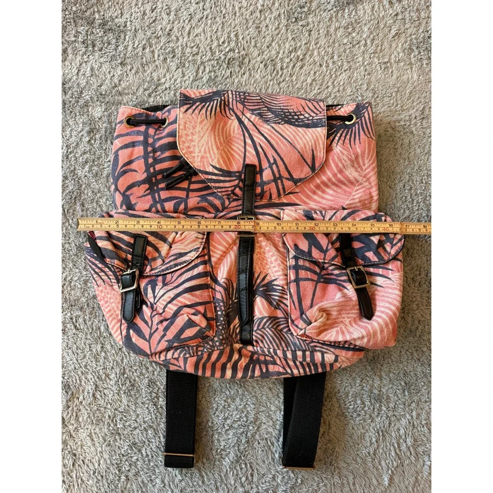 Tropical Palm Leaf Canvas Backpack Pink Black Summer Bohemian Medium Daypack Bag